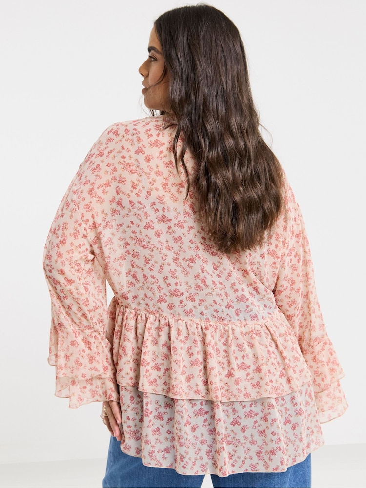 Simply Be Pink Ruffle Georgette Smock Blouse - Image 2 of 4 Simply Be Pink Ruffle Georgette Smock Blouse - Image 2 of 4