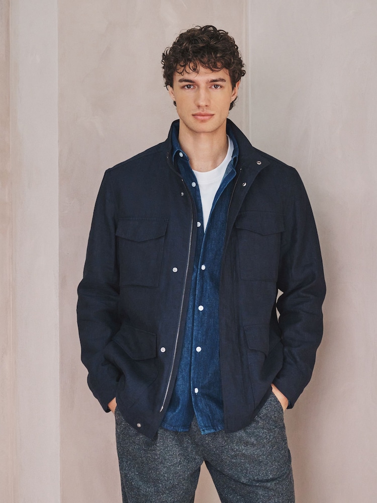 Navy Linen Four Pocket Field Jacket - Image 1 of 12