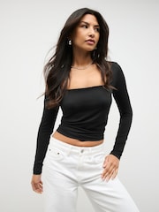 Black Soft Touch Square Neck Long Sleeve T-Shirt - Image 1 of 8