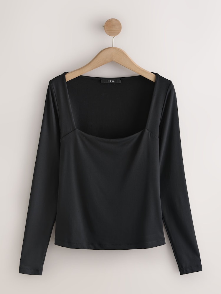 Black Soft Touch Square Neck Long Sleeve T-Shirt - Image 8 of 8