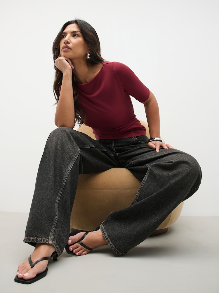 Burgundy Soft Touch Slash Neck Half Sleeve T-Shirt - Image 1 of 8 Burgundy Soft Touch Slash Neck Half Sleeve T-Shirt - Image 1 of 8