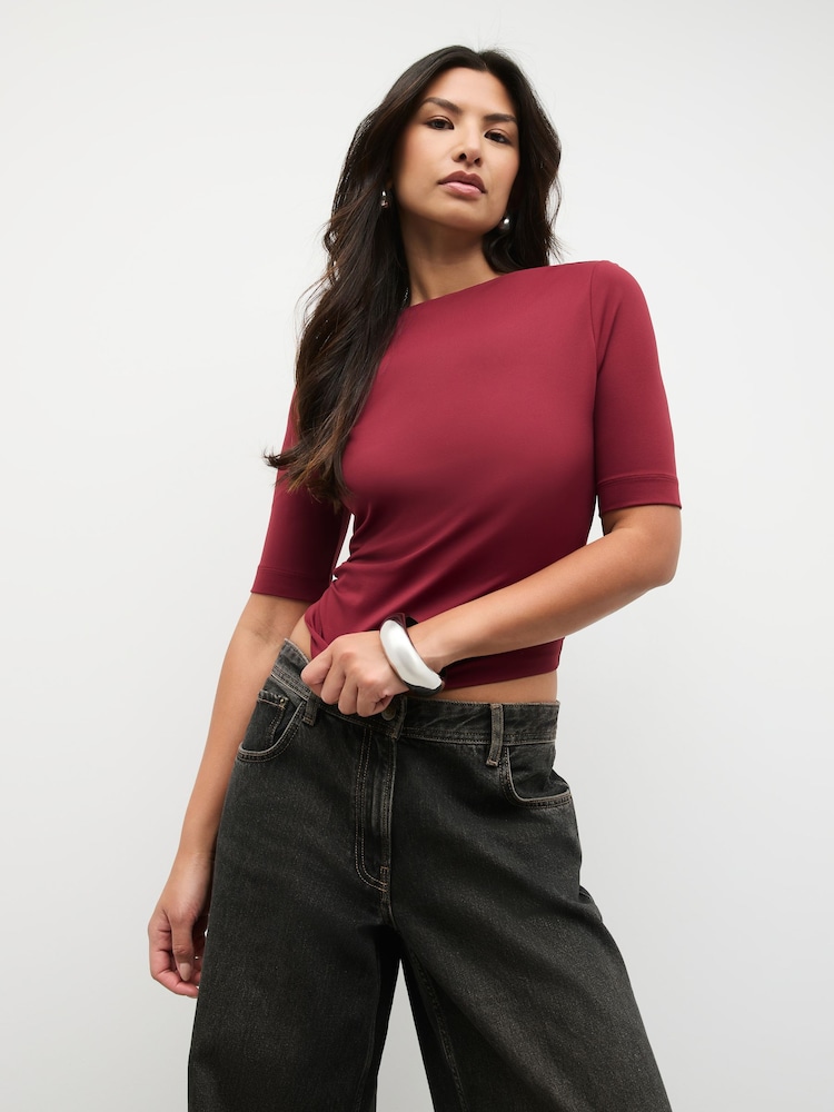 Burgundy Soft Touch Slash Neck Half Sleeve T-Shirt - Image 2 of 8 Burgundy Soft Touch Slash Neck Half Sleeve T-Shirt - Image 2 of 8