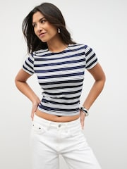 Navy/White Stripe Tipped Soft Touch Slinky Polyamide Short Sleeved Top - Image 1 of 8