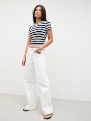 Navy/White Stripe Tipped Soft Touch Slinky Polyamide Short Sleeved Top - Image 2 of 8