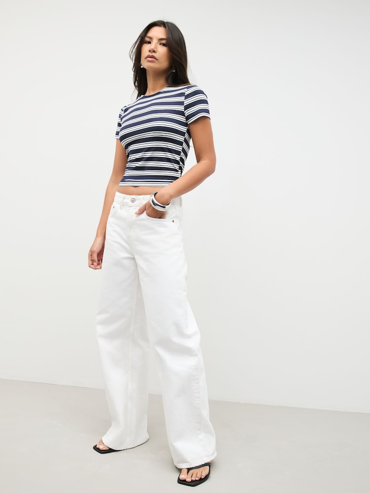 Navy/White Stripe Tipped Soft Touch Slinky Polyamide Short Sleeved Top - Image 2 of 8