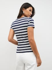 Navy/White Stripe Tipped Soft Touch Slinky Polyamide Short Sleeved Top - Image 4 of 8