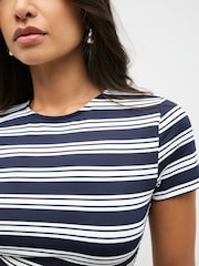 Navy/White Stripe Tipped Soft Touch Slinky Polyamide Short Sleeved Top - Image 5 of 8