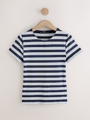 Navy/White Stripe Tipped Soft Touch Slinky Polyamide Short Sleeved Top - Image 7 of 8