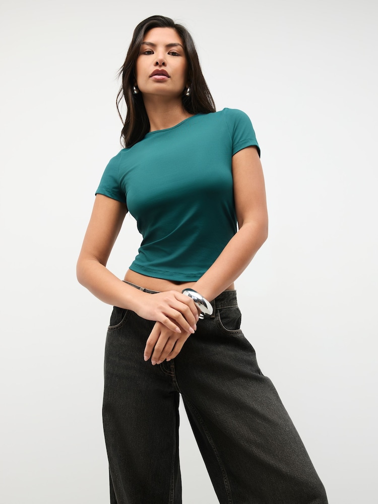 Teal Blue Tipped Soft Touch Slinky Polyamide Short Sleeved Top - Image 1 of 7 Teal Blue Tipped Soft Touch Slinky Polyamide Short Sleeved Top - Image 1 of 7