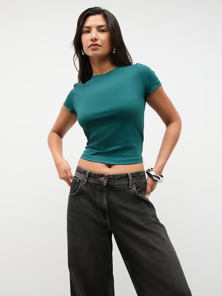 Teal Blue Tipped Soft Touch Slinky Polyamide Short Sleeved Top - Image 2 of 7 Teal Blue Tipped Soft Touch Slinky Polyamide Short Sleeved Top - Image 2 of 7