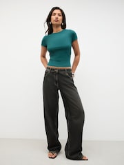 Teal Blue Tipped Soft Touch Slinky Polyamide Short Sleeved Top - Image 3 of 7