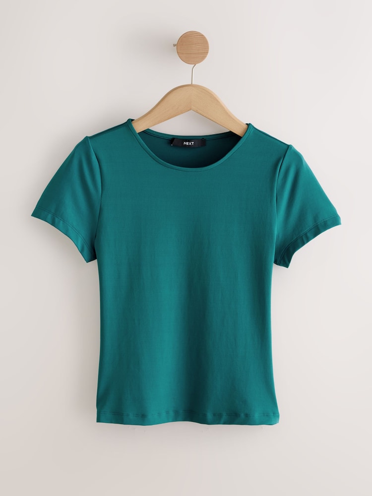 Teal Blue Tipped Soft Touch Slinky Polyamide Short Sleeved Top - Image 7 of 7