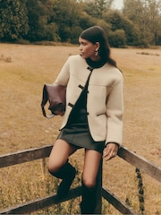 Friends Like These Cream Collarless PU Tipped Borg Jacket - Image 1 of 4