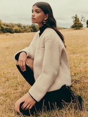 Friends Like These Cream Collarless PU Tipped Borg Jacket - Image 3 of 4