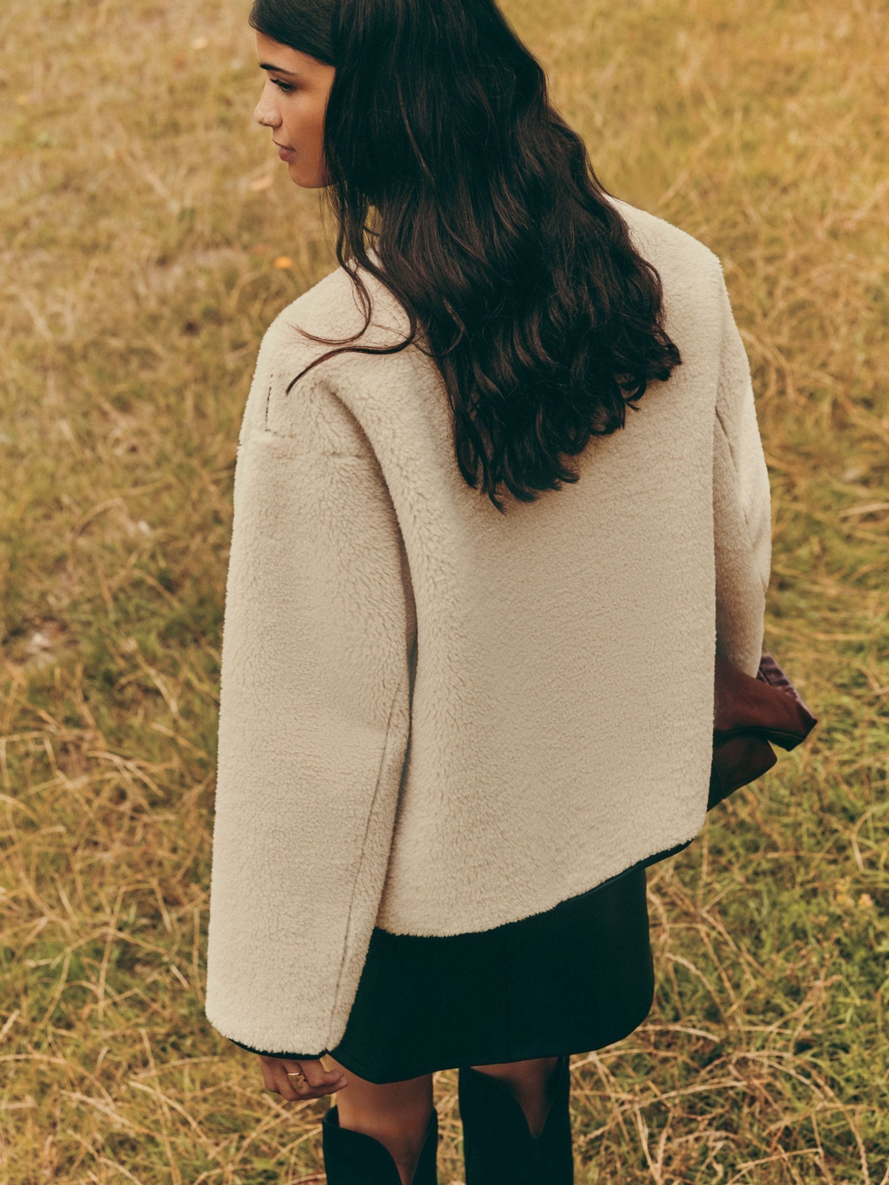 Buy Friends Like These Cream Collarless PU Tipped Borg Jacket from