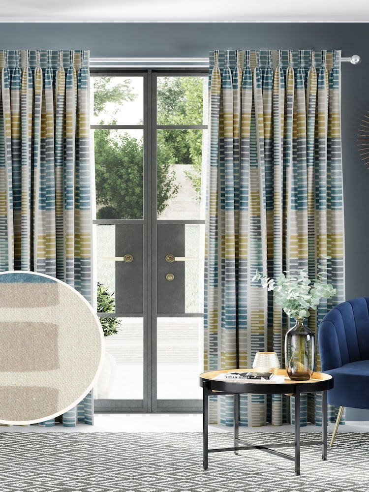 Blue Retro Geo Made To Measure Door Curtain Curtains - Image 1 of 9