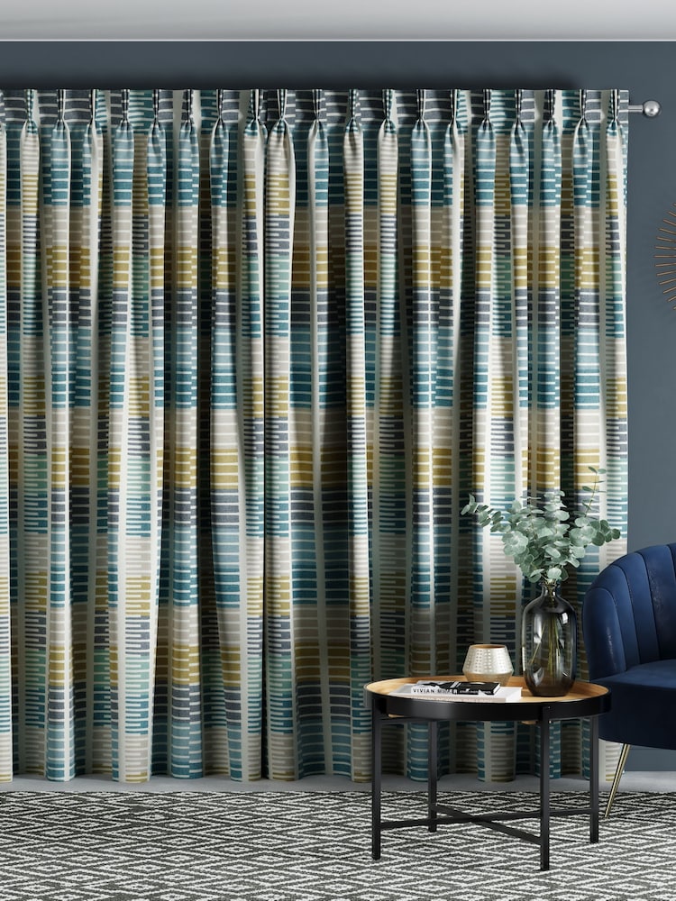 Blue Retro Geo Made To Measure Door Curtain Curtains - Image 2 of 9