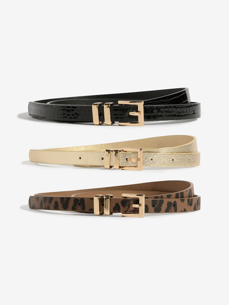 Lipsy Gold Leopard and Black Skinny Belts 3 Pack - Image 1 of 6