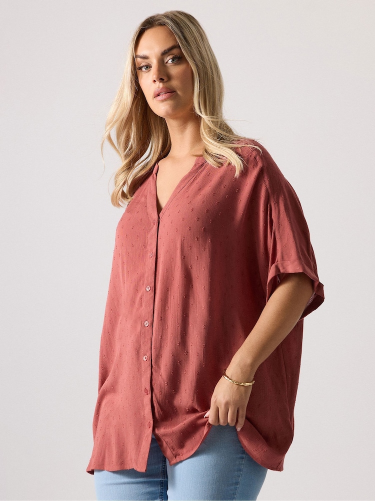 Yours Curve Red Swiss Dot Crinkle Notchneck Top - Image 1 of 5