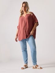 Yours Curve Red Swiss Dot Crinkle Notchneck Top - Image 2 of 5