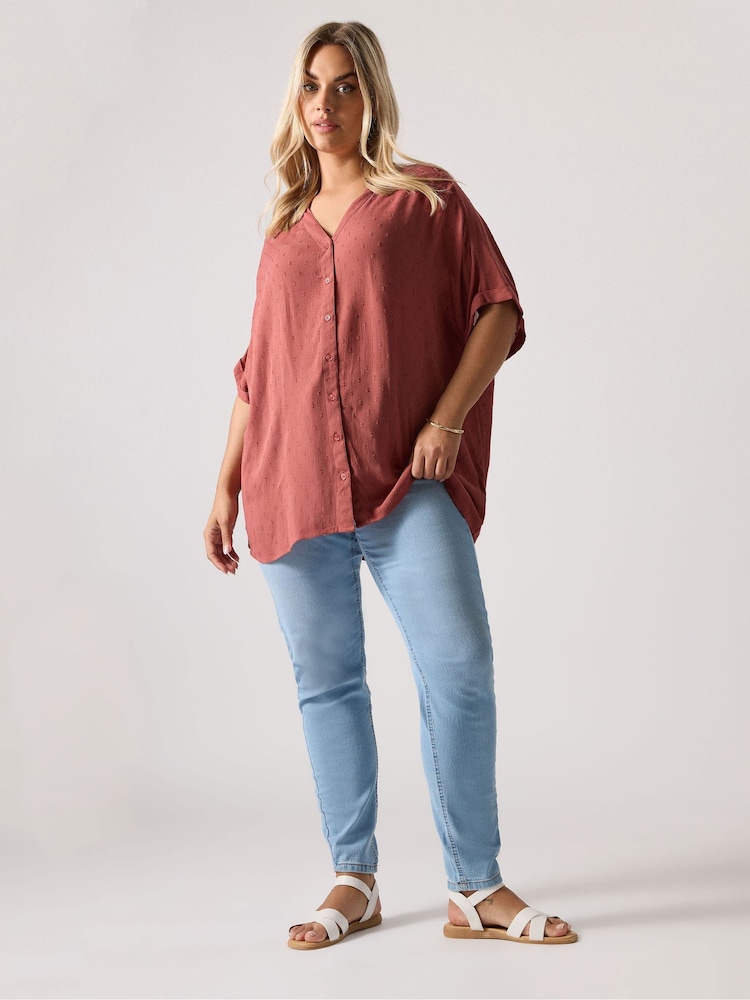 Yours Curve Red Swiss Dot Crinkle Notchneck Top - Image 2 of 5