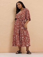 Yours Curve Brown Wrap Kimono Dress - Image 1 of 5