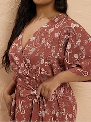 Yours Curve Brown Wrap Kimono Dress - Image 4 of 5