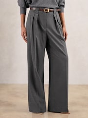 Reiss Grey Poppie Petite Wide Leg Pleated Trousers - Image 1 of 7