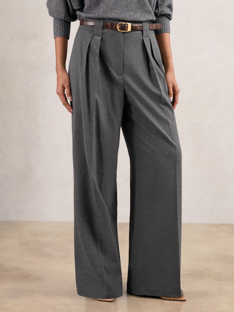 Reiss Grey Poppie Petite Wide Leg Pleated Trousers - Image 1 of 7