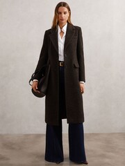 Reiss Chocolate Brown Check Kai Wool-Blend Houndstooth Check Coat - Image 1 of 6