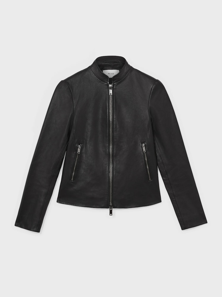 Reiss Black Allie Petite Leather Collarless Biker Jacket - Image 2 of 8 Reiss Black Allie Petite Leather Collarless Biker Jacket - Image 2 of 8