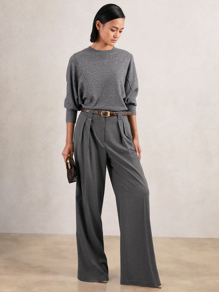 Reiss Grey Poppie Wide Leg Pleated Trousers - Image 1 of 6 Reiss Grey Poppie Wide Leg Pleated Trousers - Image 1 of 6