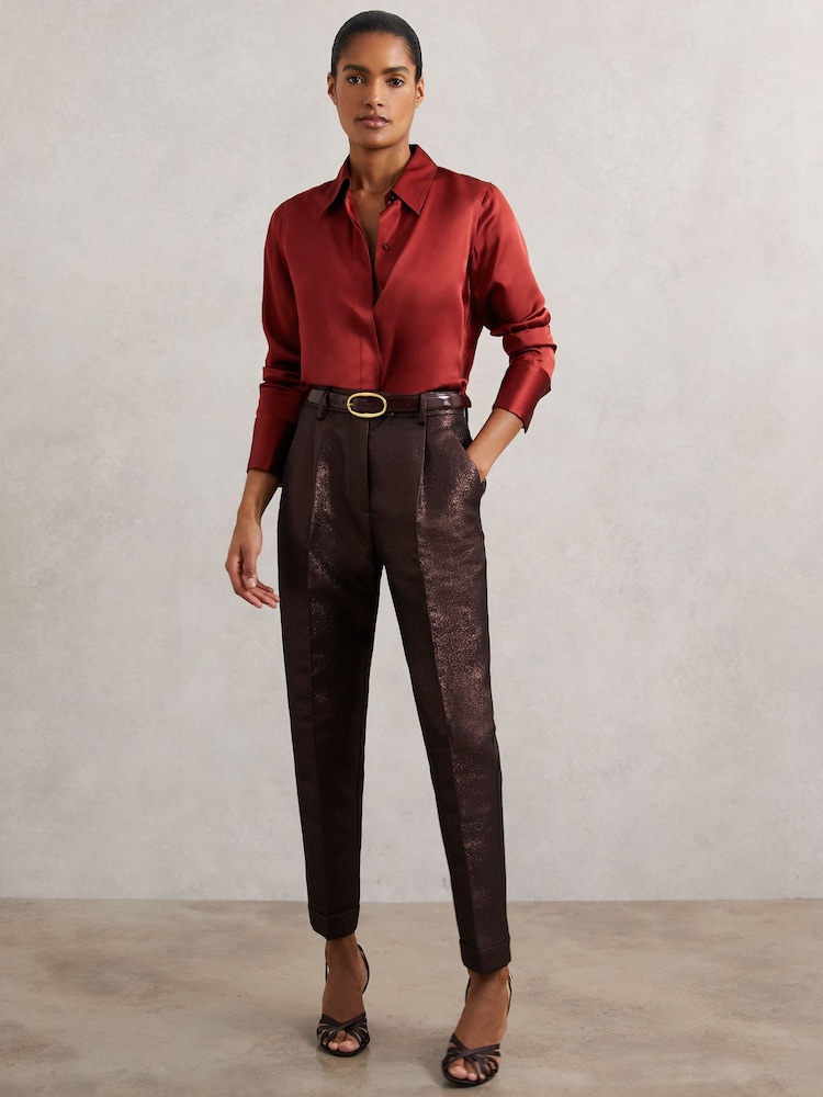 Reiss Burgundy Sienna Tapered Metallic Suit Trousers with Cotton - Image 1 of 7 Reiss Burgundy Sienna Tapered Metallic Suit Trousers with Cotton - Image 1 of 7