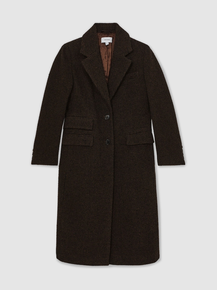 Reiss Chocolate Brown Check Kai Petite Wool-Blend Houndstooth Check Coat - Image 2 of 8 Reiss Chocolate Brown Check Kai Petite Wool-Blend Houndstooth Check Coat - Image 2 of 8