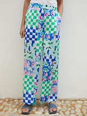 Another Sunday Blue Floral Printed Check Satin Wide Leg Trousers - Image 1 of 5