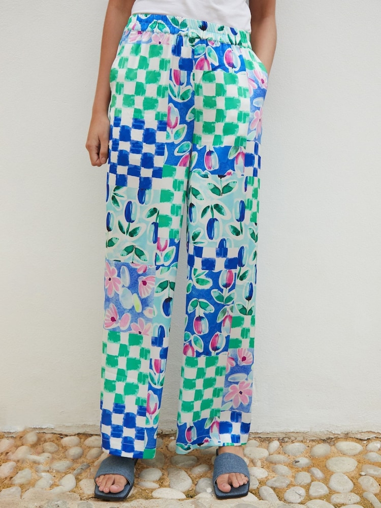 Another Sunday Blue Floral Printed Check Satin Wide Leg Trousers - Image 1 of 5