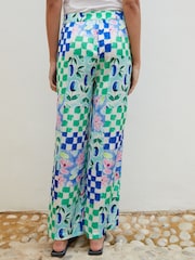 Another Sunday Blue Floral Printed Check Satin Wide Leg Trousers - Image 2 of 5
