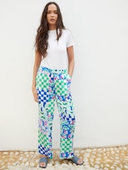 Another Sunday Blue Floral Printed Check Satin Wide Leg Trousers - Image 3 of 5