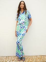 Another Sunday Blue Floral Printed Check Satin Wide Leg Trousers - Image 4 of 5