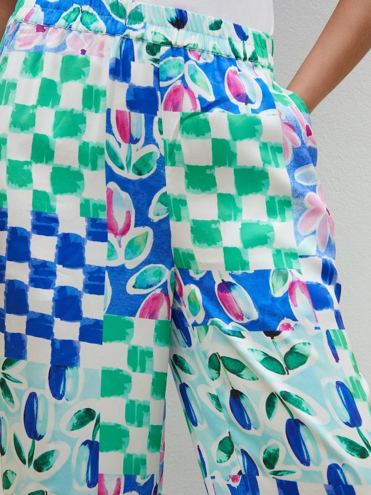 Another Sunday Blue Floral Printed Check Satin Wide Leg Trousers - Image 5 of 5