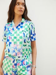 Another Sunday Blue Floral Printed Check Satin Shirt - Image 1 of 5