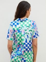 Another Sunday Blue Floral Printed Check Satin Shirt - Image 2 of 5