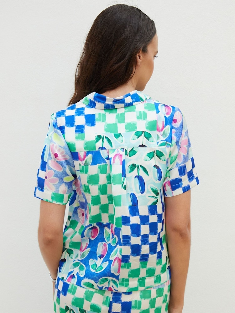 Another Sunday Blue Floral Printed Check Satin Shirt - Image 2 of 5