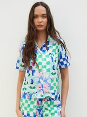 Another Sunday Blue Floral Printed Check Satin Shirt - Image 3 of 5