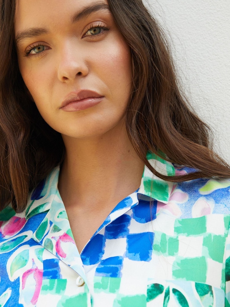 Another Sunday Blue Floral Printed Check Satin Shirt - Image 5 of 5