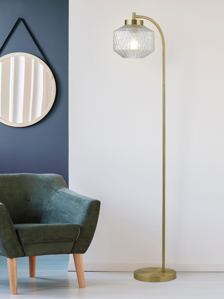 Searchlight Satin Brass and Clear Tetra Floor Lamp - Image 1 of 4