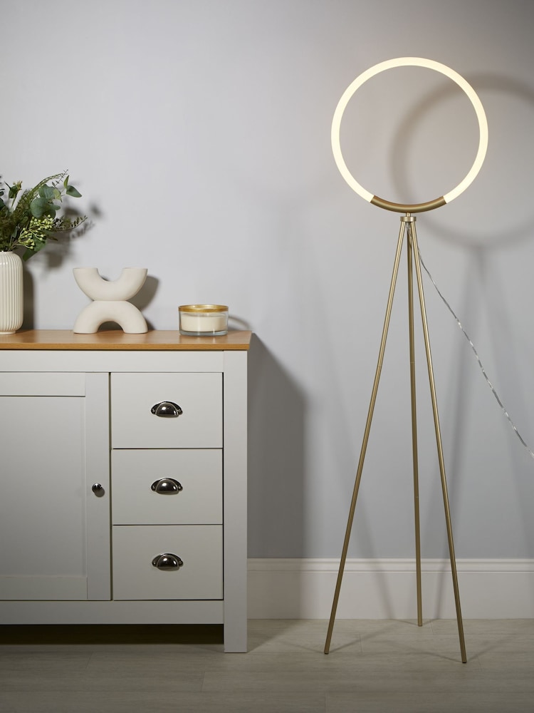 Searchlight Gold and White Viora Loop LED Frosted Hoop Tripod Floor Lamp - Image 1 of 4