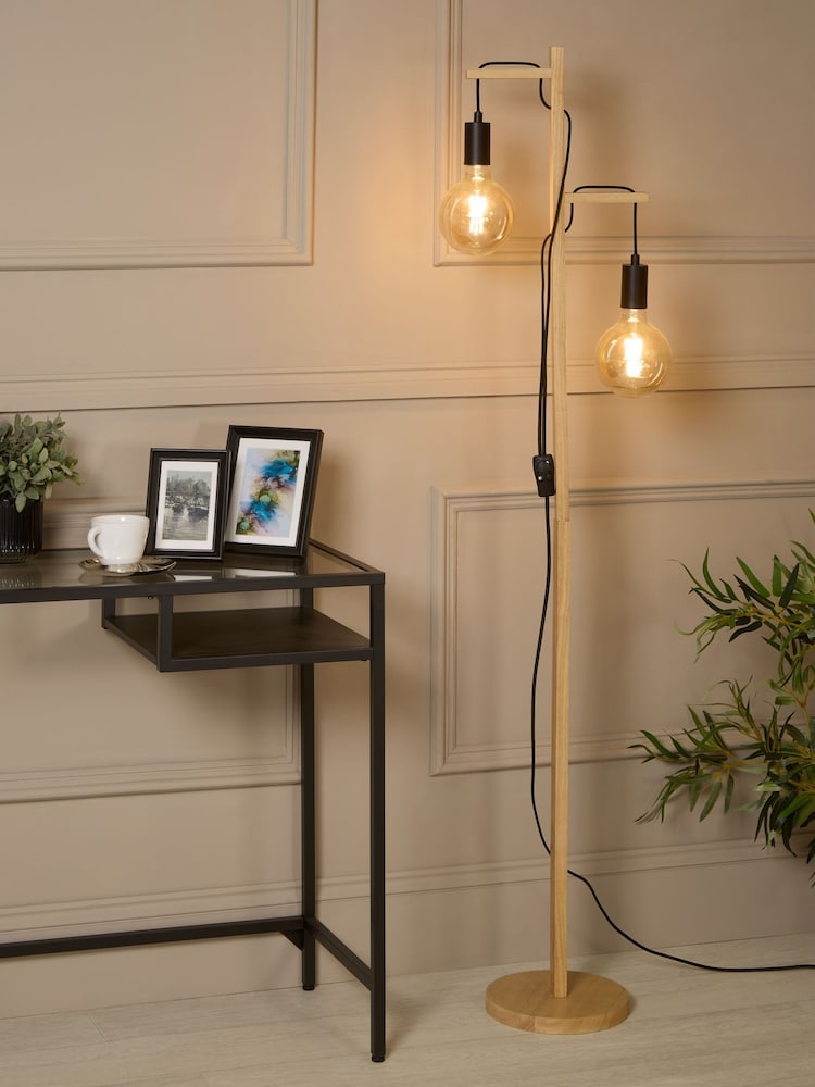 Searchlight Natural Wood and Black Scandara 2Lt Floor Lamp - Image 1 of 4