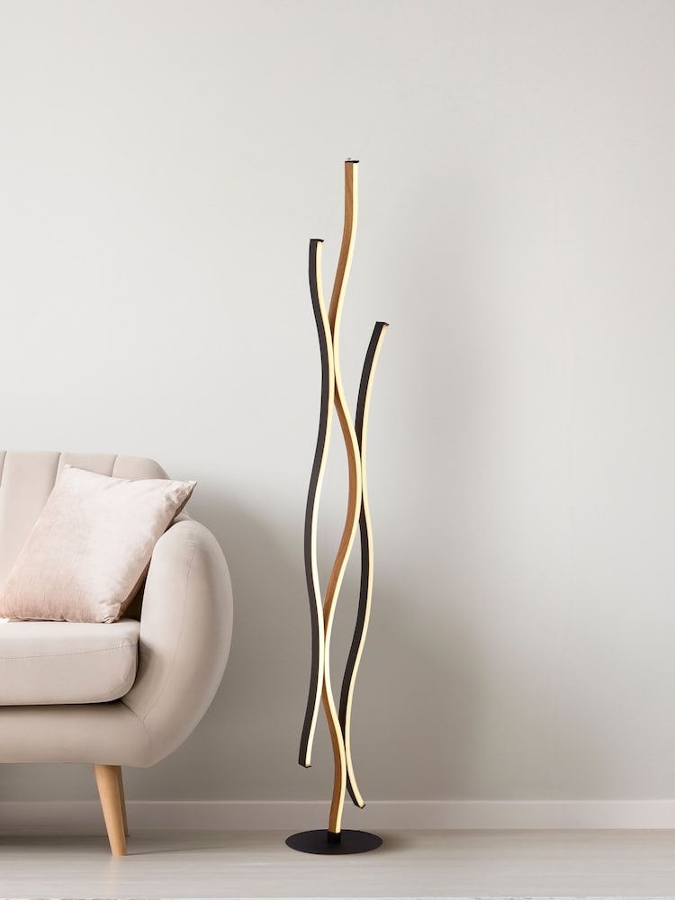 Searchlight Sand Black and Wood Effect Wavero Floor Lamp Wood Effect - Image 1 of 4