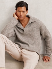 Taupe Brown Melange - Reiss Vatali Wool-Blend Relaxed Open-Collar Jumper - Imagen 1 de 9